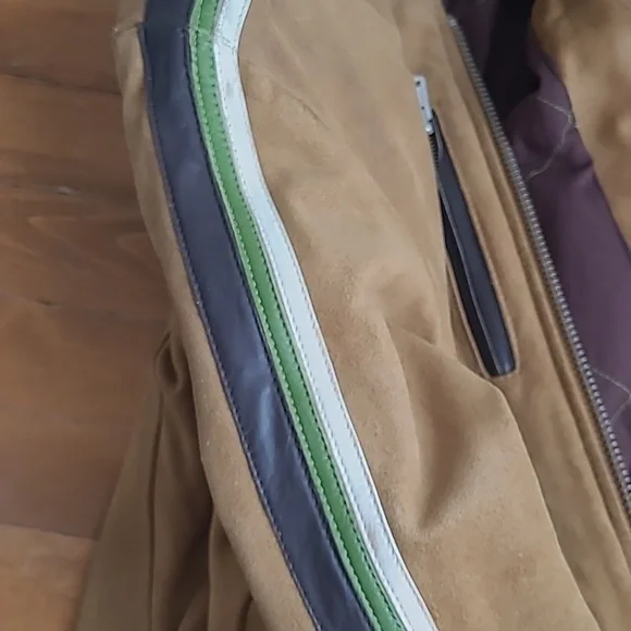 Vintage 90s MISS SIXTY Racer Moto Aviatior Suede Tan Jacket Brown Stripes M/L - Picture 14 of 15